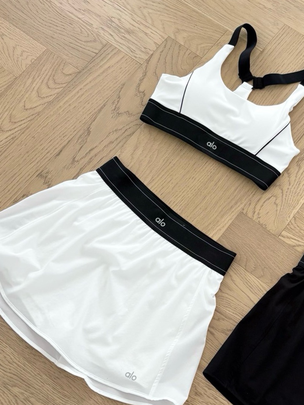 ALO Yoga Black & White Sports Bra and Skirt Set